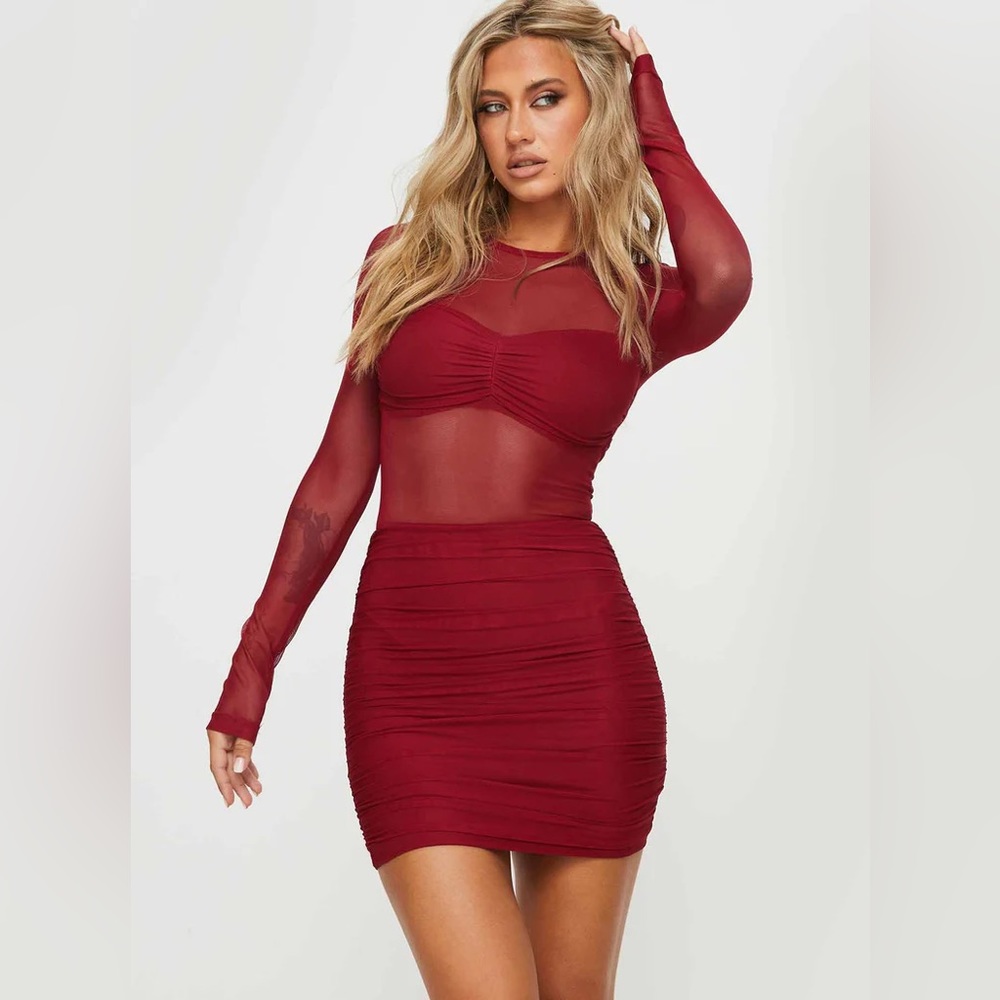 PRINCESS POLLY Hapstall Long Sleeve Mini Dress Burgundy